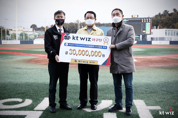 익산구장 조명탑 점등식을 진행하고 있는 이인원 kt sports 경영기획실장, 이숭용 KT 위즈 단장, 남상봉 kt sports 대표이사, 정헌율 익산시장, 박철원 익산시의회 부회장, 이선호 익산시야구소프트볼협회장(왼쪽부터)이 기념 촬영 시간을 가졌다. [사진=KT 위즈]