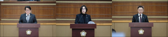 강동오(왼쪽부터), 최은하, 홍지광 의원이 발언하는 모습. [사진=마포구의회]