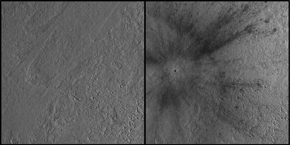 지난해 12월 24일 화성에 유성체가 충돌했다. 직전과 직후를 MRO가 촬영했다. [사진=NASA]