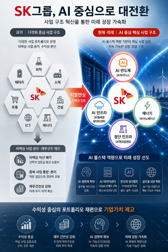 SK그룹은 2024~2026년 사업 재편과 리밸런싱 작업을 꾸준히 진행하고 있다. [사진=챗GPT]