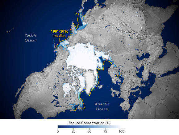 2022년 2월 25일 북극 바다얼음이 올해 가장 큰 규모를 보였다. [사진=NASA]