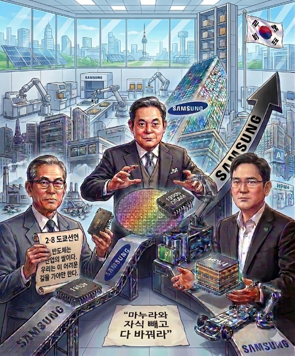 이재용 삼성전자 회장(왼쪽부터), 최태원 SK그룹 회장, 구광모 LG그룹 회장, 정의선 현대자동차그룹 회장 [사진=구글 제미나이 생성 이미지]