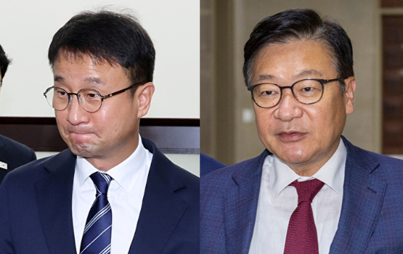 더불어민주당 한병도 당 대표 직무대행 겸 원내대표(왼쪽)가 26일 국회 의장실에서 하반기 원 구성과 관련한 면담을 마친 뒤 의장실을 나서고 있다. 오른쪽은 이날 한 원내대표와의 회동을 마친 뒤 기자들과 인터뷰하고 있는 정점식 국민의힘 원내대표. [사진=연합뉴스]