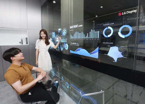 LG디스플레이 모델이 'K-디스플레이 2022'에서 '회의실용 투명 OLED 솔루션'을 사용하고 있다. [사진=LG디스플레이]