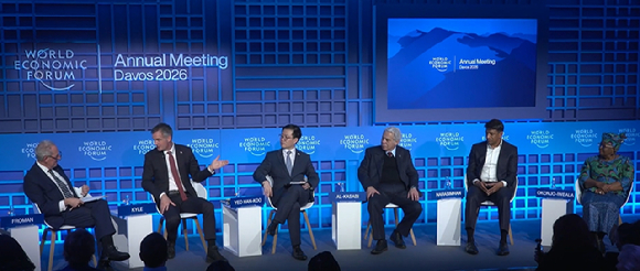 여한구 통상교섭본부장이 22일(현지시간) 스위스 다보스에서 열린 세계경제포럼 연차총회 세션 무대에서 발언하고 있다. [사진=세계경제포럼 홈페이지 캡처 ]