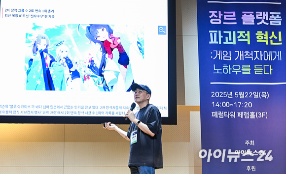 제4회 아이뉴스24 ICT 포럼 '장르 플랫폼 파괴적 혁신: 게임 개척자에게 노하우를 듣다' 라는 주제로 22일 오후 서울 중구 페럼타워 페럼홀에서 열렸다. 김용하 넥슨게임즈 IO본부 본부장이 기조강연을 하고 있다. [사진=곽영래 기자]