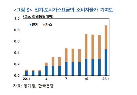 전기, 가스요금 등의 물가 상승률 기여도. [사진=한국은행]
