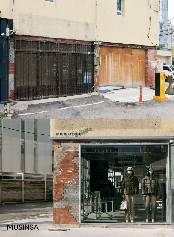 무신사의 서울숲 프로젝트 1호 매장 '프레이트'로 재탄생한 공간 전후 모습. [사진=무신사]