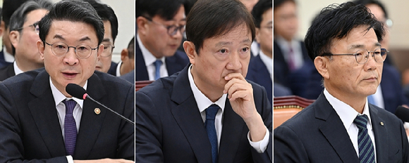 왼쪽부터 이억원 금융위원장, 이찬진 금융감독원장, 박상진 한국산업은행 회장. [사진=곽영래 기자]